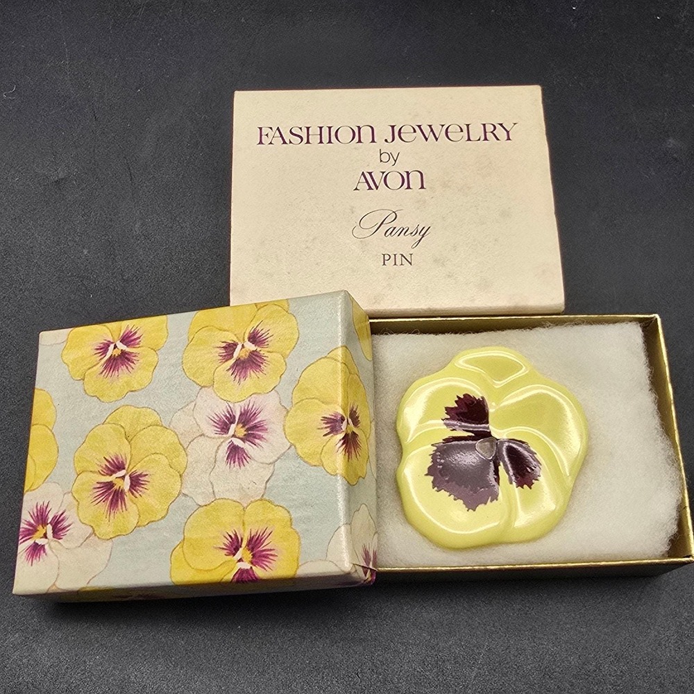Avon Yellow Ceramic Pansy Flower Brooch In Box Vintage Jewelry